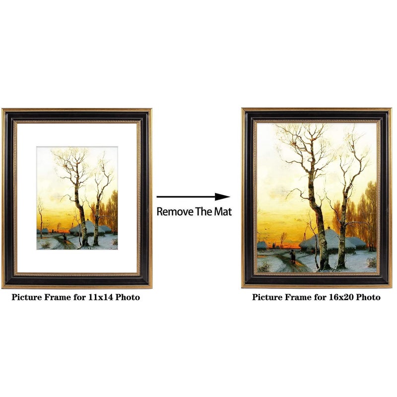 Space Art Deco, 16x20 Picture Frame with Mat for 11x14 Photo or Display 16x20 Prints Without Mat, Shatter Resistant Glass Wall Mounting (Color Ornate Gold/Black) - Image 5